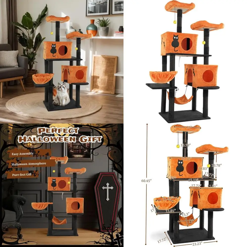 

5-уровневая кошачья лестница-башня на Хэллоуин с 2 домиками, 2 гамаками, сизалевыми столбиками и жуткой тематикой