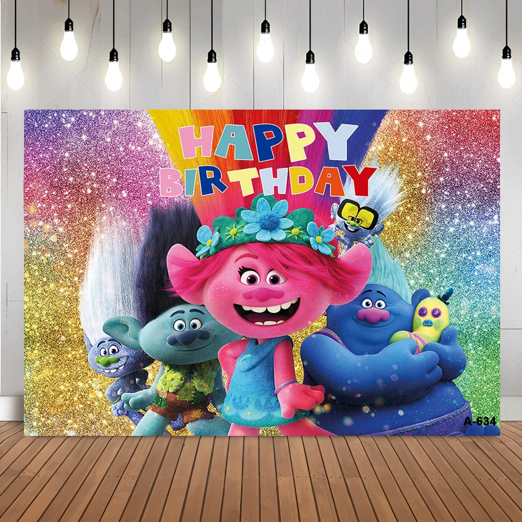 Disney Trolls Party Backdrops Happy Birthday Party Christmas Decorations Children Kids Baby Shower Kids Girls Custom Decoration