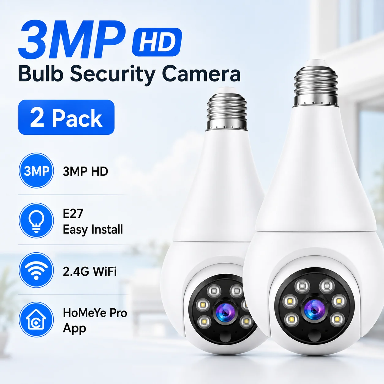 2-Pack E27 Lamp Head Type 3MP PTZ Camera Infrared Night Vision WiFi PTZ Mobile Detection Alarm Household Indoor Security Monitor