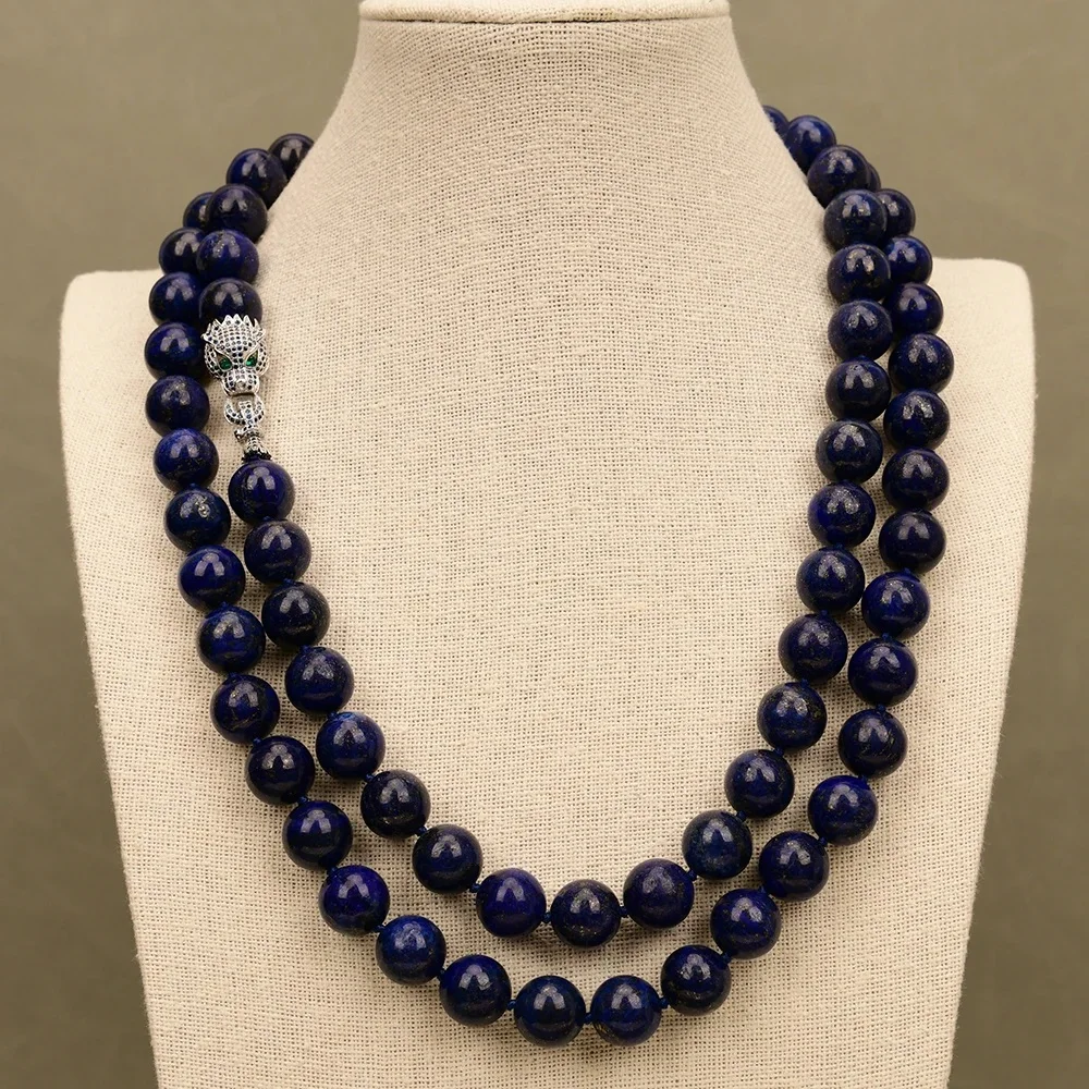 

50" Natural Gems Stone 14MM Blue Smooth Round Lapis Lazuli Necklace CZ Clasp For Women