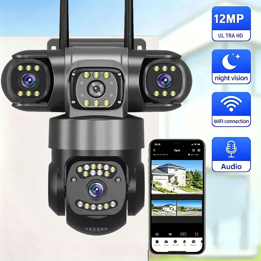 12MP 6K Triple Lenses WiFi IP Camera Outdoor Triple Screens Weatherproof Night Vision Home Security CCTV Surveillance Cam