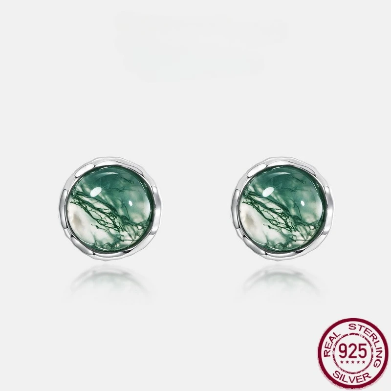 

New 925 pure silver smooth natural water grass agate inlaid with green moss stone earrings, simple and versatile wedding jewelry