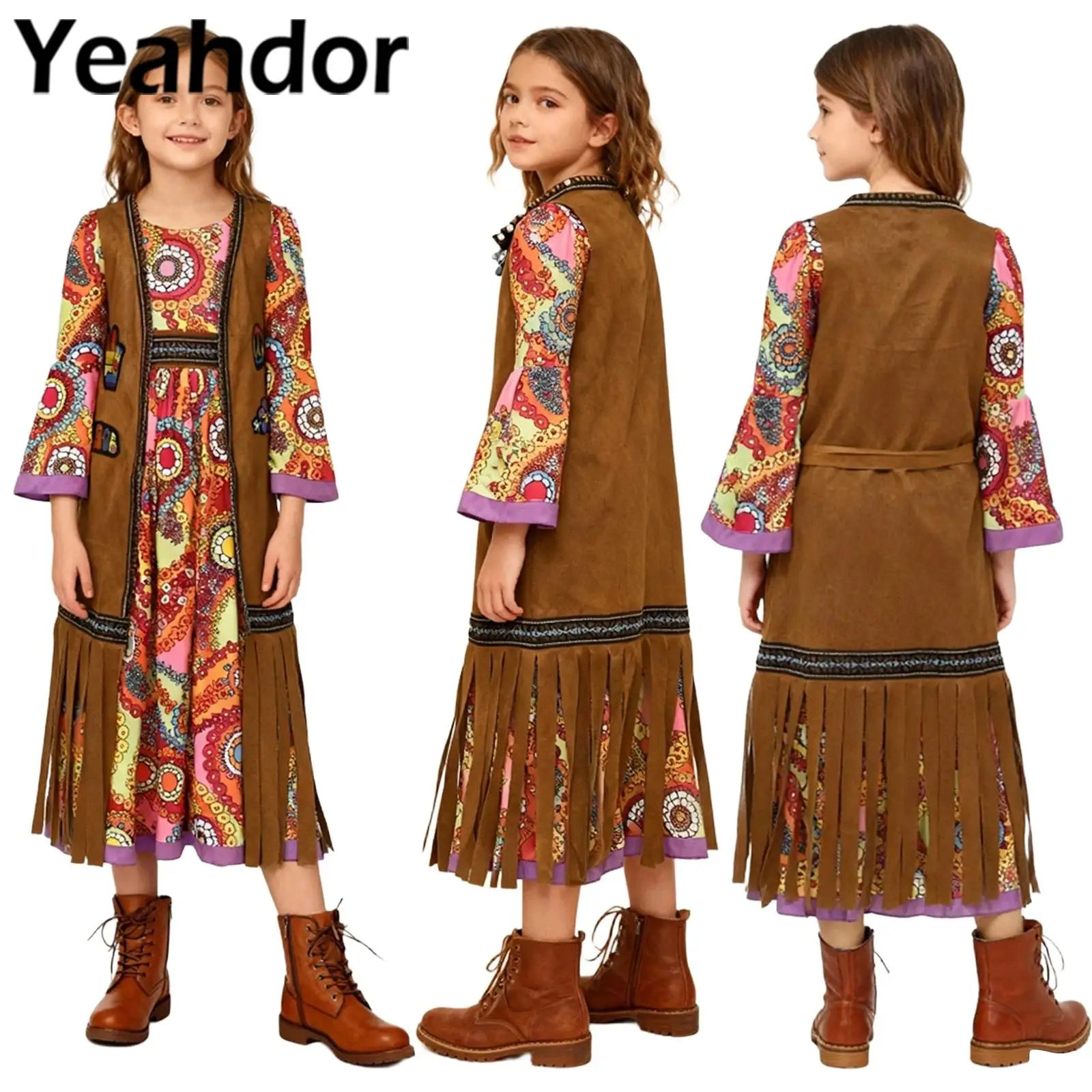 

Kids Girls Hippie Costume Halloween Cosplay Outfit Three Piece Set with Long Sleeve Dress and Vest for 70s Themed Party Dress Up
