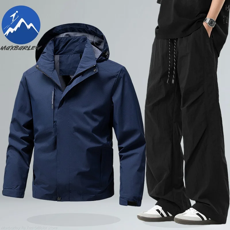

Maxbarley Hooded Work Jacket Men Sets Autumn Hiking Waterproof Windbreaker Jacket + Pants Suit Tracksuit Spring Two-piece Set