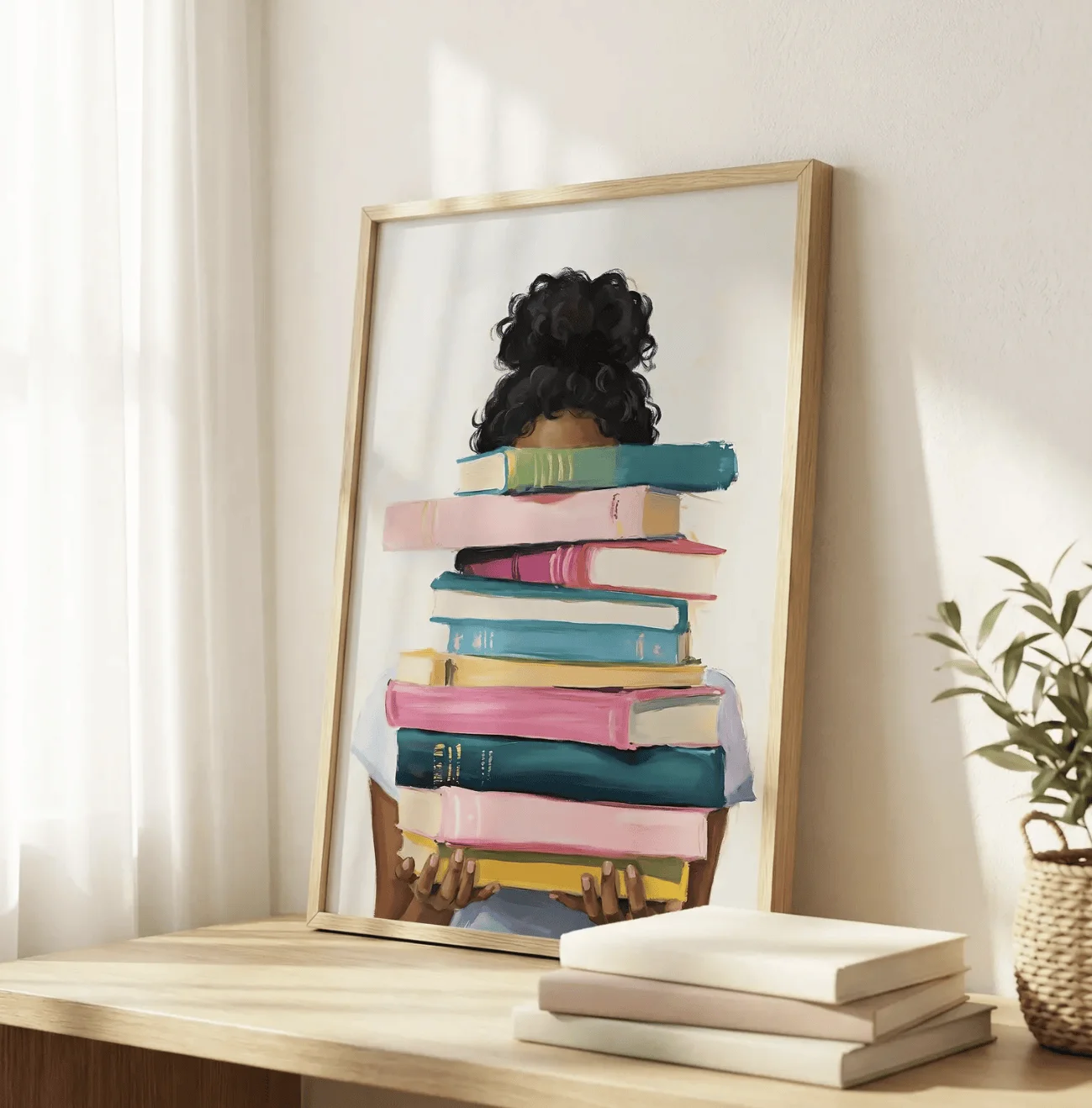 Book Lover Black Girl Wall Art Canvas Prints Decor, Color Stack Book Figure Poster for Study Room Bedroom Office Entryway