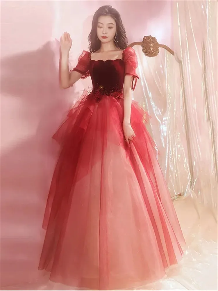 

Elegant Dress Women's Patchwork Mesh Yarn Sequin Square Collar Short Sleeve Long A-line Skirt Spring Summer Female Clothing M259