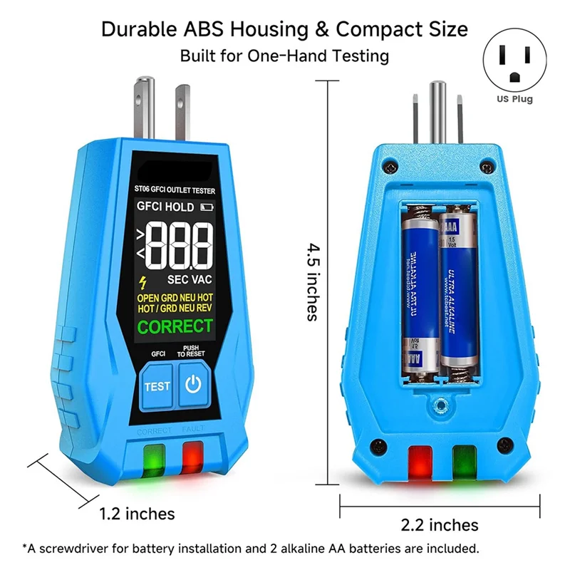 

A7THK-Receptacle Tester With LCD Display For Standard 3-Wire 110-125V AC Electrical Outlet Testing GFCI Outlet Tester US Plug