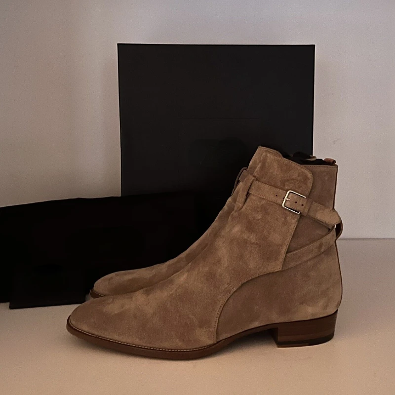 

Grey Men British Ankle Boots Handmade High-grade Cow Suede Brown Buckle Business Casual Party Daily Classic Western Cowboy Boots