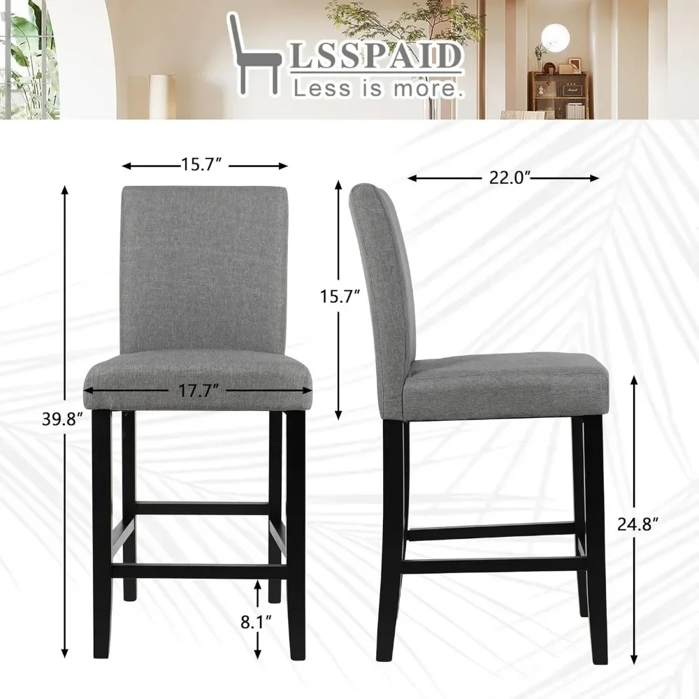 Bar Stool, Kitchen Island Wooden Bar Chair, Fabric Counter HighStool, Fabric Cushioned  Stool, Gray, 2-piece Set