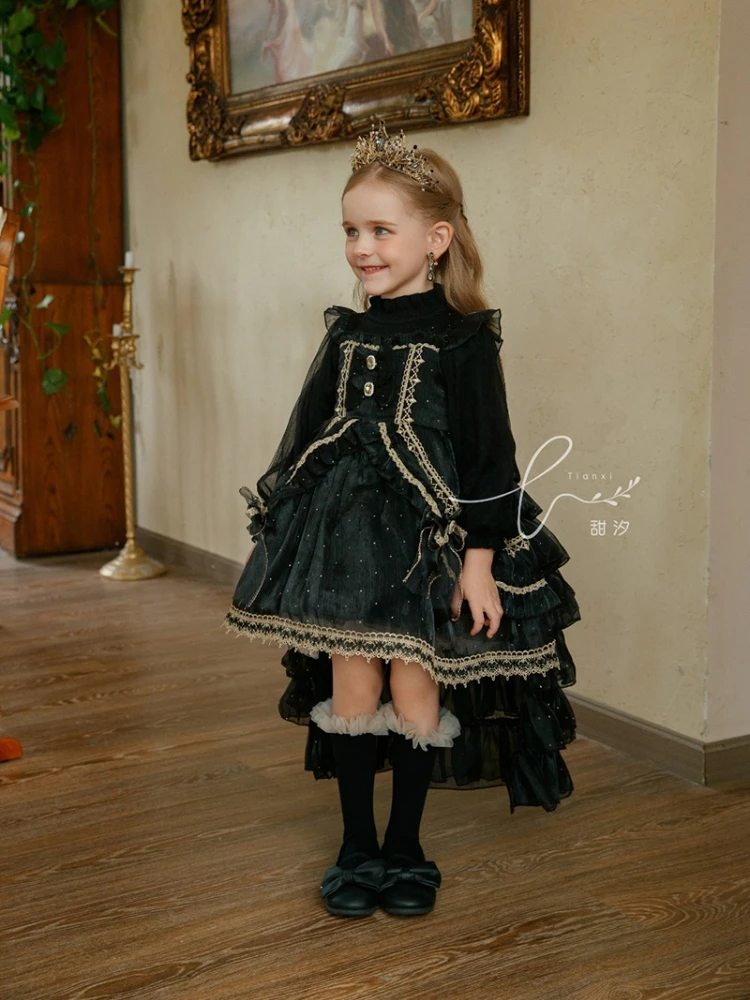 Handmade Girls Halloween Black Suspender Lolita Girl Treasure Bow Trailing Dress Flower Girls Thanksgiving Days Party Dress