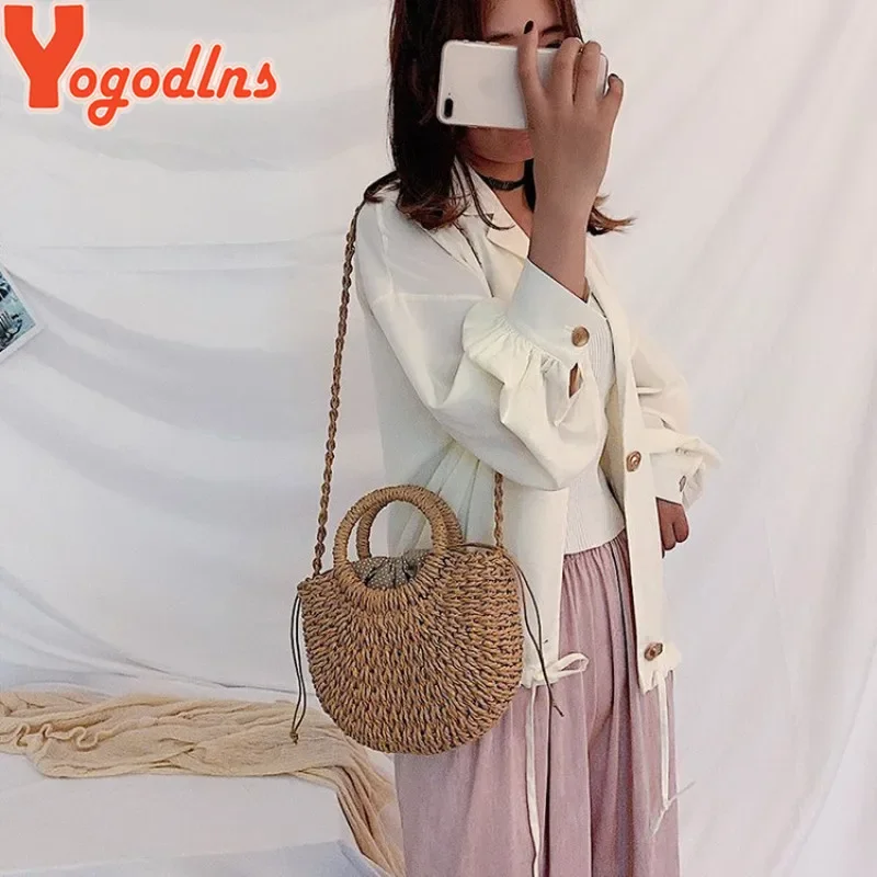 Yogodlns borsa di paglia intrecciata in Rattan semicircolare fatta a mano borse a tracolla Messenger da donna estive borsa da spiaggia piccola per