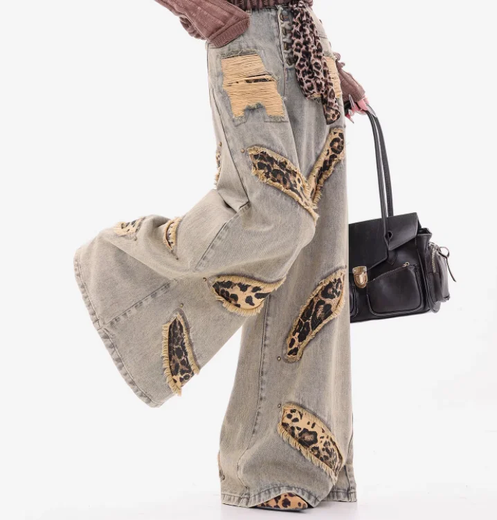 Spring Autumn New Retro Leopard Print Women Rivet Straight-leg Jeans Personalized Loose Blue Versatile Fashion Wide-leg Pants