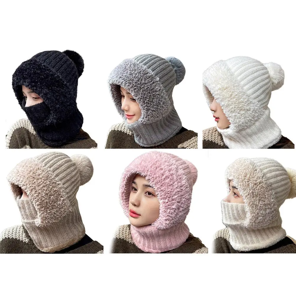 Winter Warm Cycling Hat Face Mask Cold-proof Thermal Knitting Plush Balaclava Hat Hooded Neck Warmer Outdoor Hike Cycling Cap