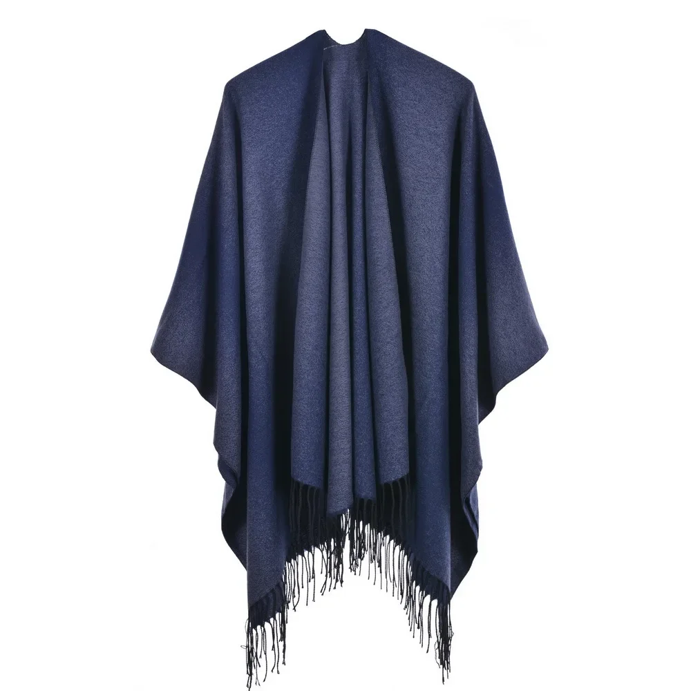 

Autumn Winter Women's Jacquard Shawl European American Street Fashion Fork Thickened Cloak For Warmth Ponchos Capes Navy