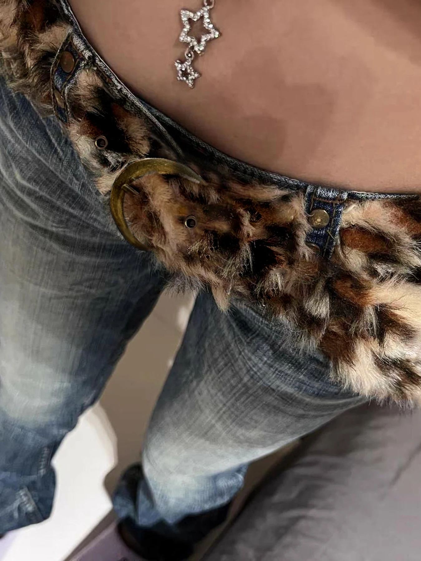 SUCHCUTE Leopard Print Fur Belts Chic Warm Hip Hop Adjustable Accessorie Y2K Aesthetic 2000s Jeans Belt Personalized Grunge Belt