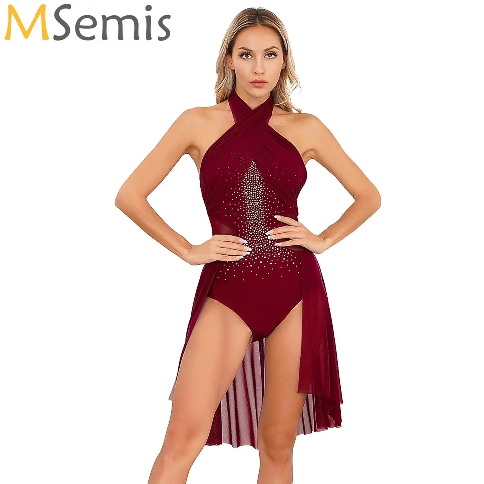 

Womens Lyrical Dance Dress Cross Ruched Backless Flowy Leotard Dress for Ballet Dancing Figure Ice Skating Competition Costume