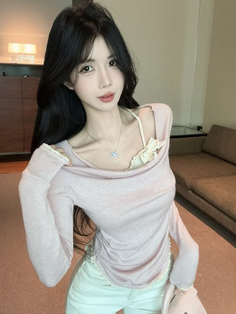

Korean Style Long Sleeve Knitted Top Women's Spring Fashion Shoulder Bared Design Knot Neck Opening Casual Tee