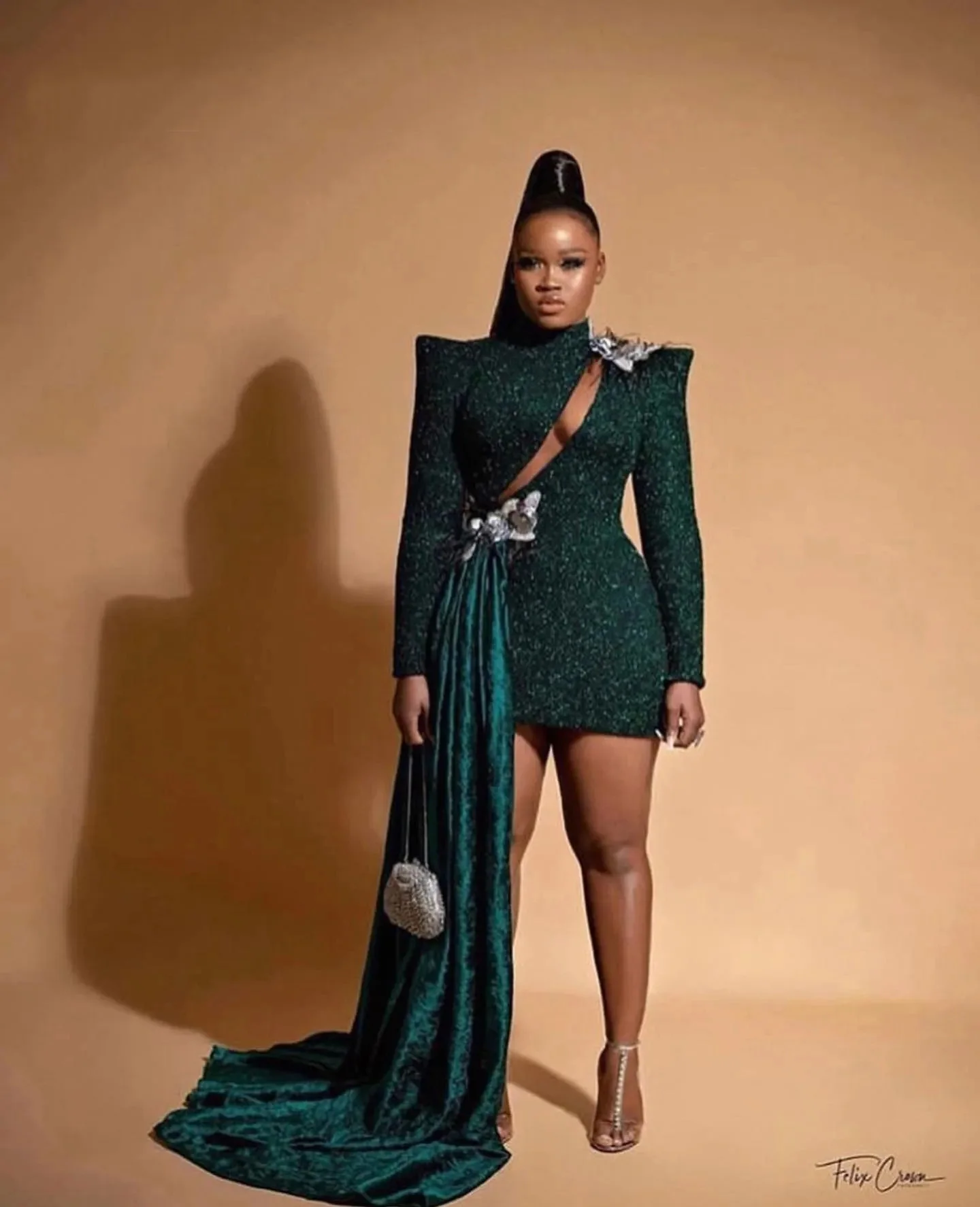 Emerald Green Prom Dress with Sleeves Overlay Sequin Feather Party Dresses Sexy Sheer Net Sheath Floral Mini Prom Dresses image 2