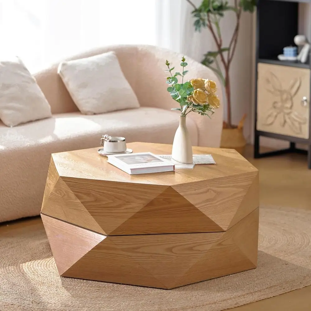 

Round Storage Drum Coffee Table for Living Room or Office, Natural Retro Style