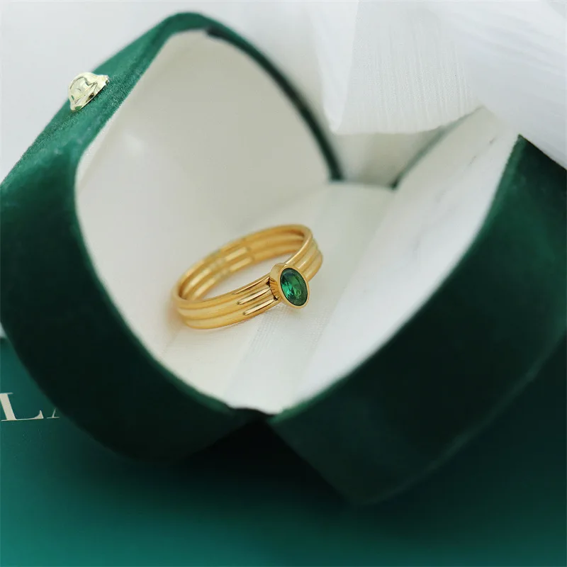 Exquisite Stainless Steel Green Cubic Zirconia Band Rings for Women Waterproof PVD 18K Gold Plated Stacker Rings Jewelry Gift