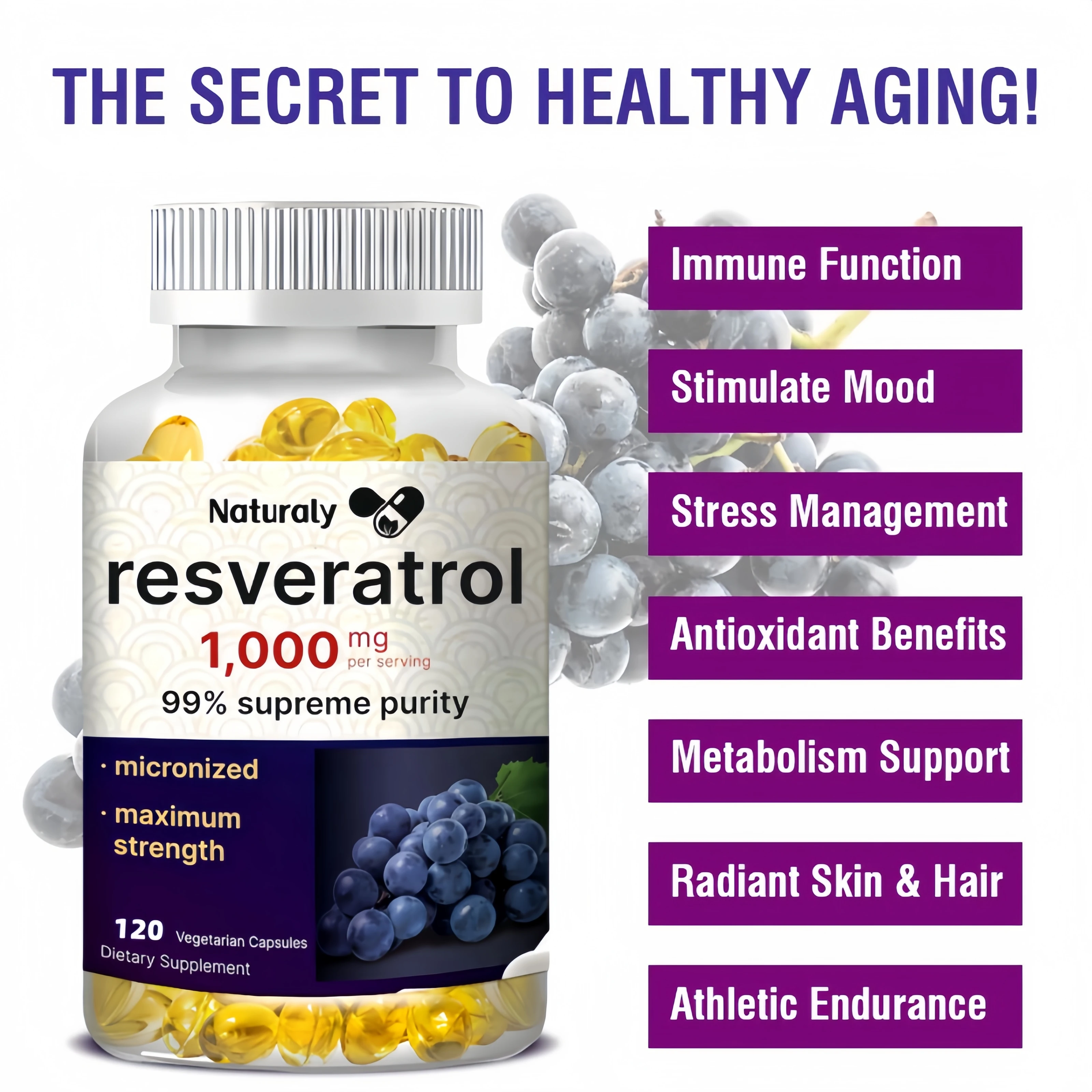 Resveratrol 1000 Mg - Helps Support Digestive Health and Immune System