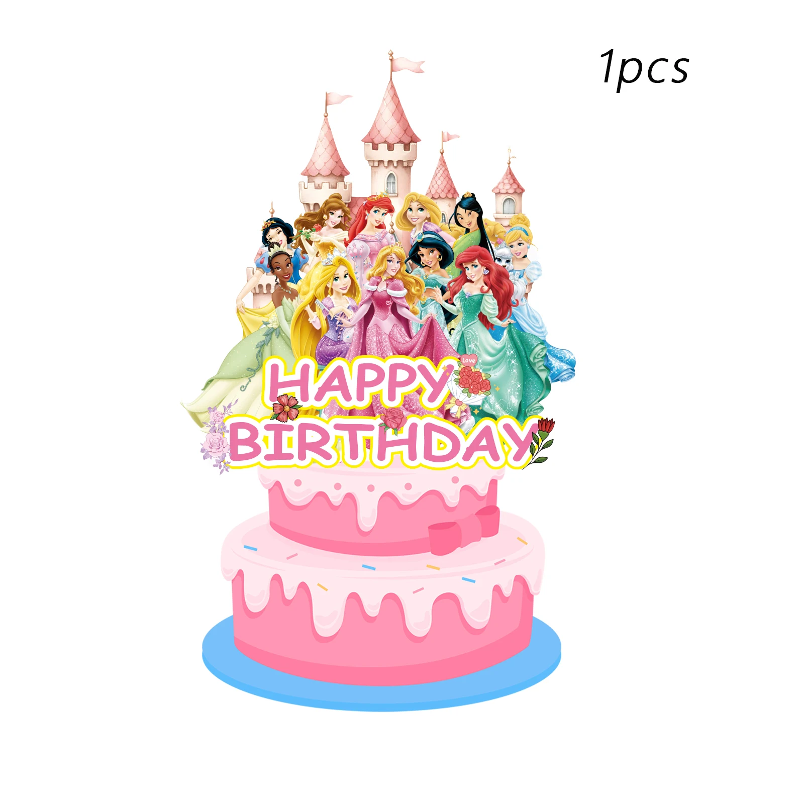 قطعة علوية لكعكة أميرات ديزني، أغطية كب كيك للفتيات، مستلزمات حفلات أعياد ميلاد الأميرة الوردية، عيد ميلاد الأميرة #4