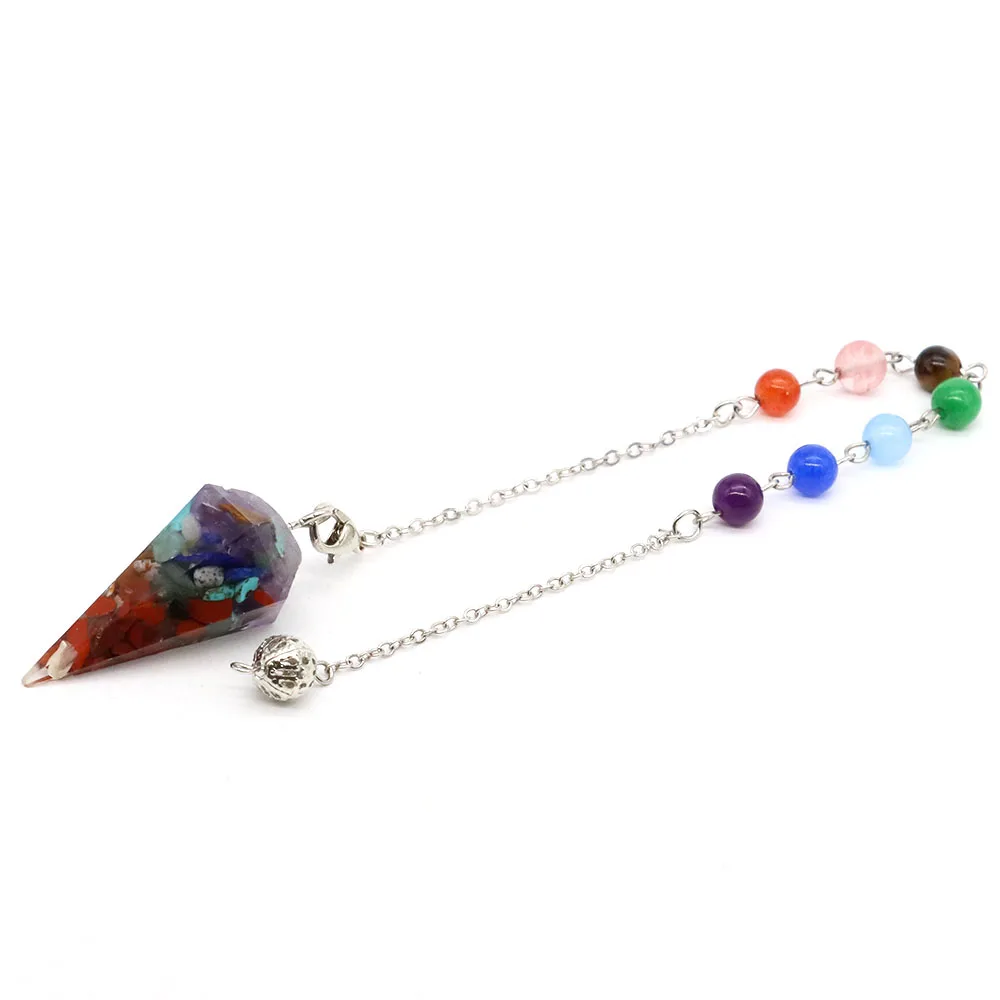 7 Chakra Resin Hexagon Pointed Pendulum Natural Stone Healing Chains Pendant Reiki Jewelry DIY Necklace For Dowsing Divination