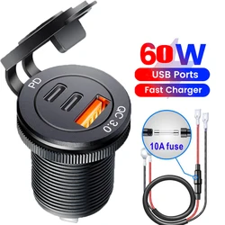 Super Charger Type C Fast Charging socket 12V/24V 60W Dual USB Motorcycle Socket Power Outlet Charge
