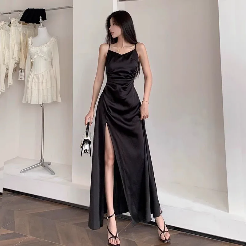 Xpqbb Black Satin Womens Dresses Elegant Spaghetti Strap Side Split Party Dress Female Summer Korean Backless Sling Long Dress