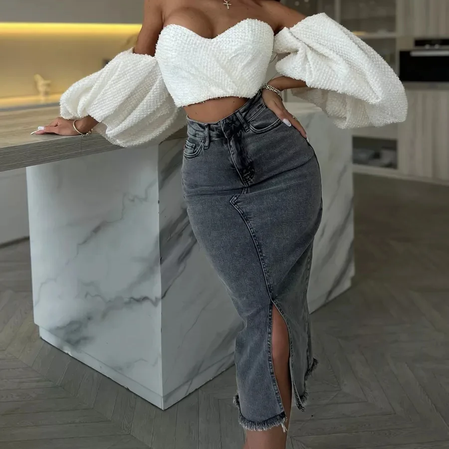 2025 Autumn/Winter Women's High-Waisted Denim Skirt Slim Fitted Pencil Skirt