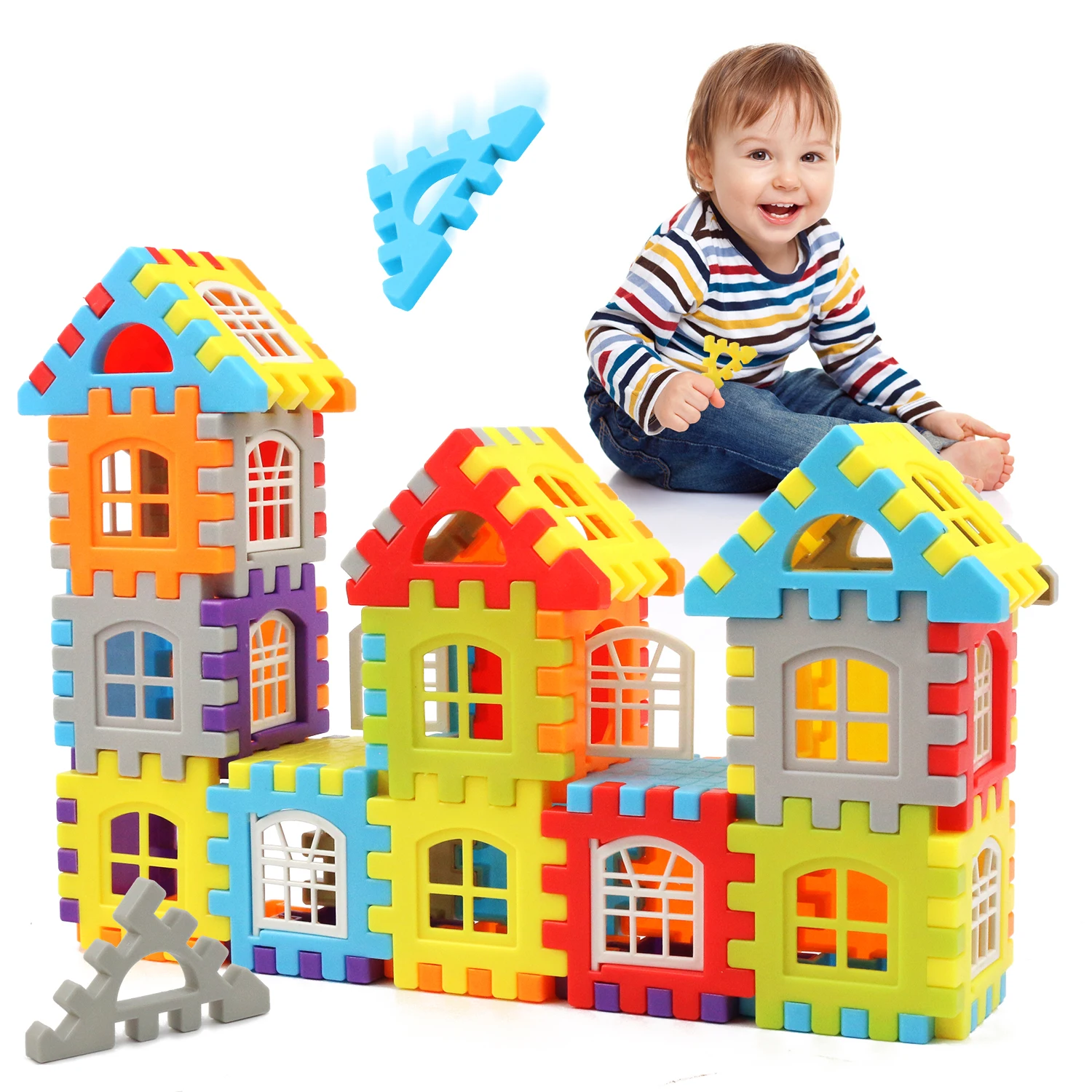 

Children building houses, building blocks, assembling toys, puzzle big particle blocks, wall and window models