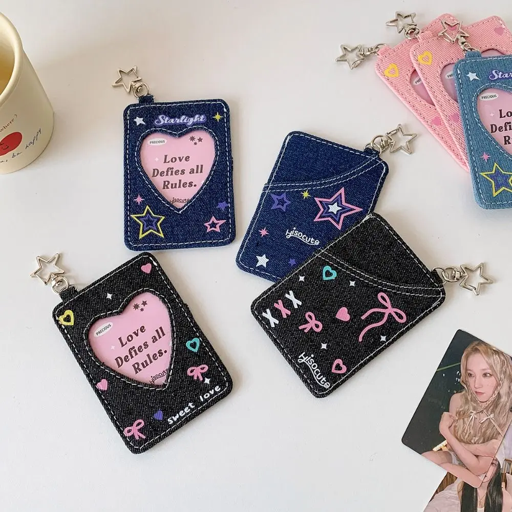 

Cute Y2k Denim Card Holder Star Keychain Bag Pendant Backpack Hanging Cards Protector Student Card Cover Idol Album