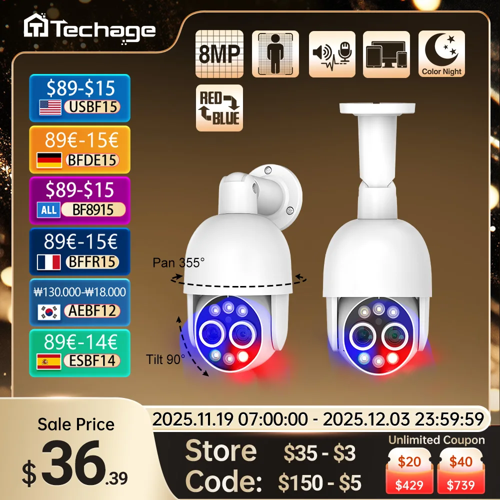 

Камера Techage PTZ 4K, 8 Мп, POE, 8X, гибридный зум 2,8 мм, 12 мм, двойной объектив, двухстороннее аудио, цветное ночное видение, обнаружение человека, POE IP-камера