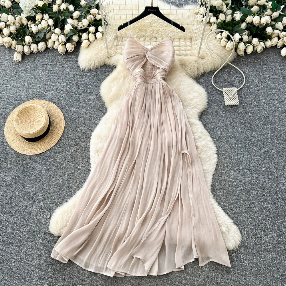 

Women Camisole Dresses Solid Pleated Dress A Line Ankle Lenth Sleeveless Waist Cinch High Slit Slim Party Elegant 2026 Summer