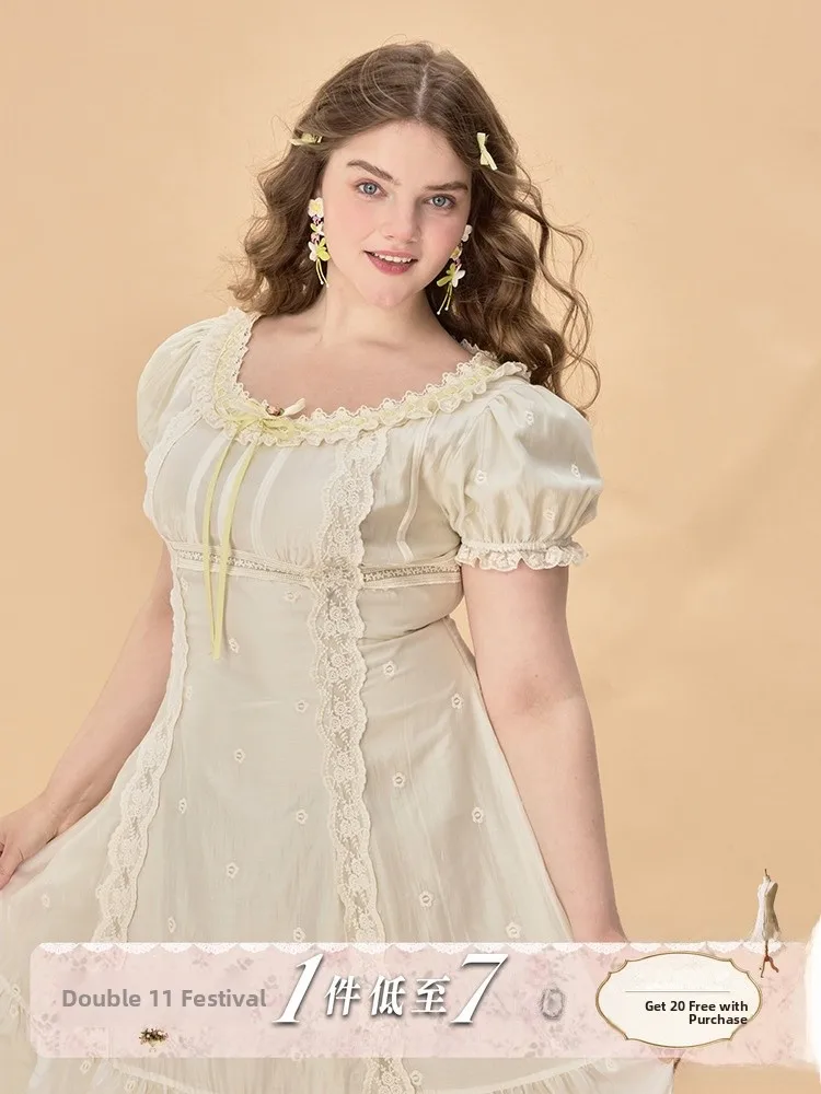 

Кружевное платье с тяжелой вышивкой, женская одежда больших размеров, летняя утягивающая одежда с мясом, винтажное трапециевидное платье Sweet Country Sle...