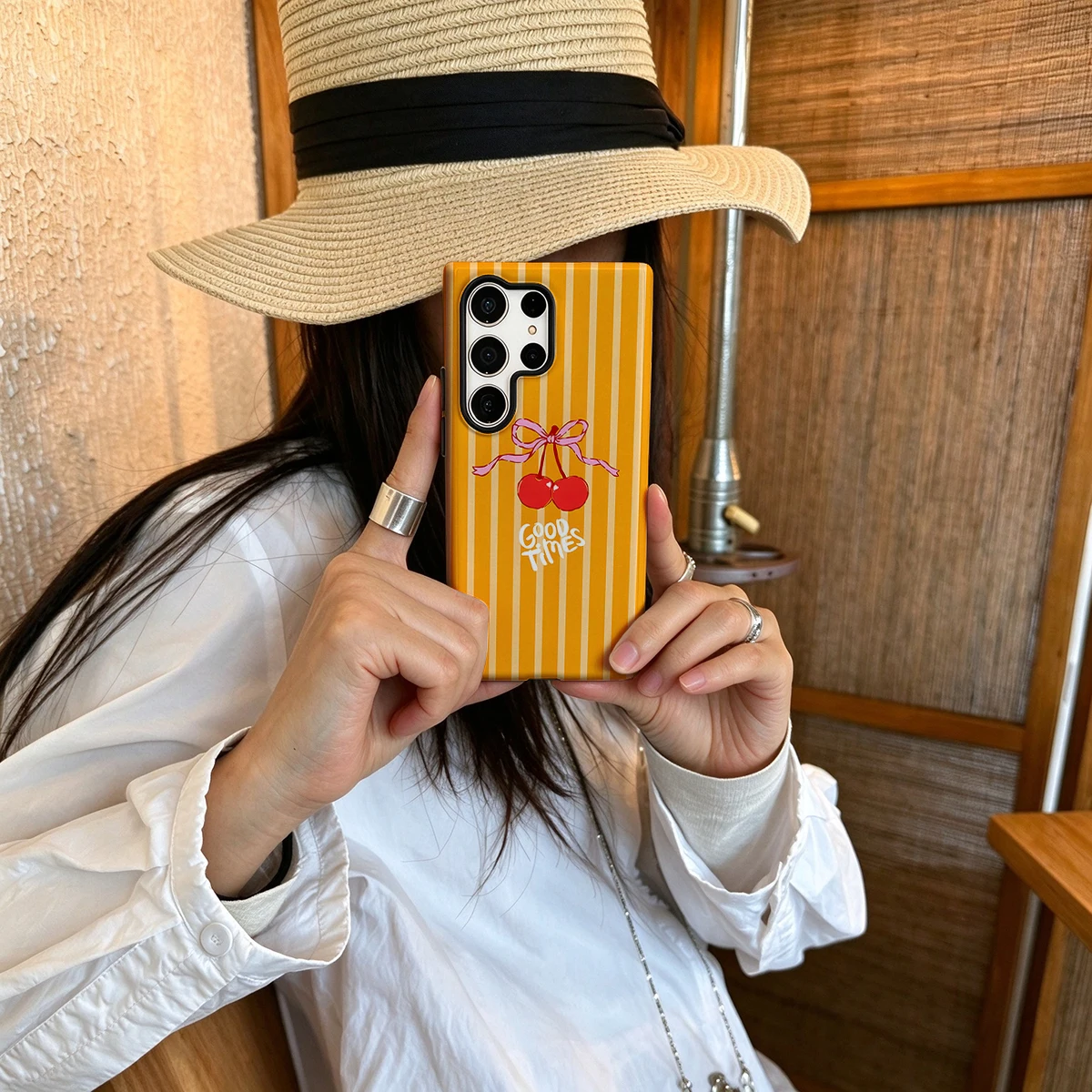 Orange Stripes Cherry Bow Hard Shock-Absorption Phone Case For Samsung Galaxy S26 S25 Ultra S24 S23 Plus 2-in-1 Protective Cover