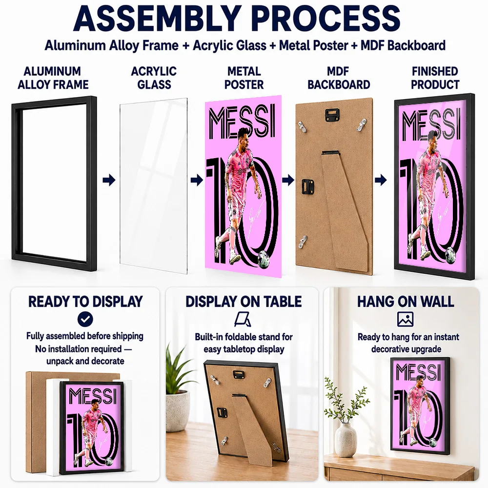 Lionel Messi Pink Jersey Framed Metal Print Personalized Illustration Wall Art For Clubhouse Reception Area, Soccer Fan Gift
