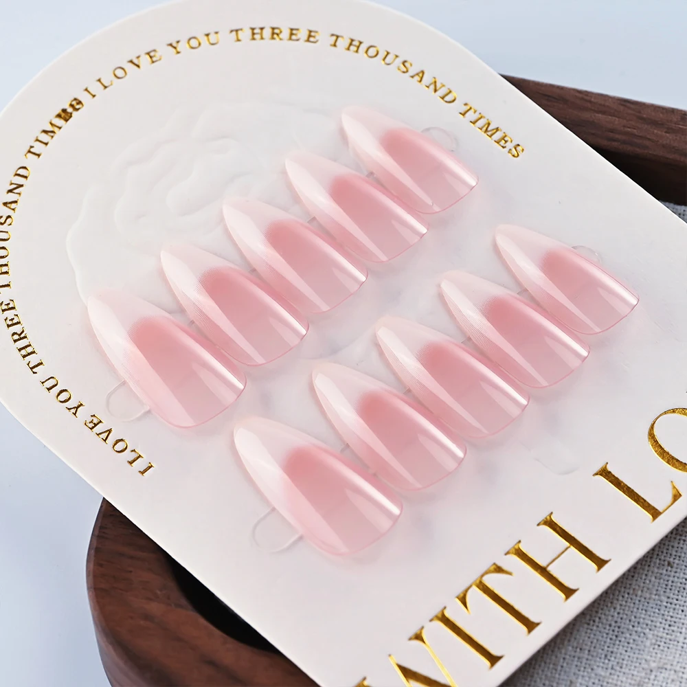 24 stks/doos ombre roze Franse amandel nepnagels witte rand gradiënt amandel druk op nageltips volledige dekking Franse roze kunstnagels