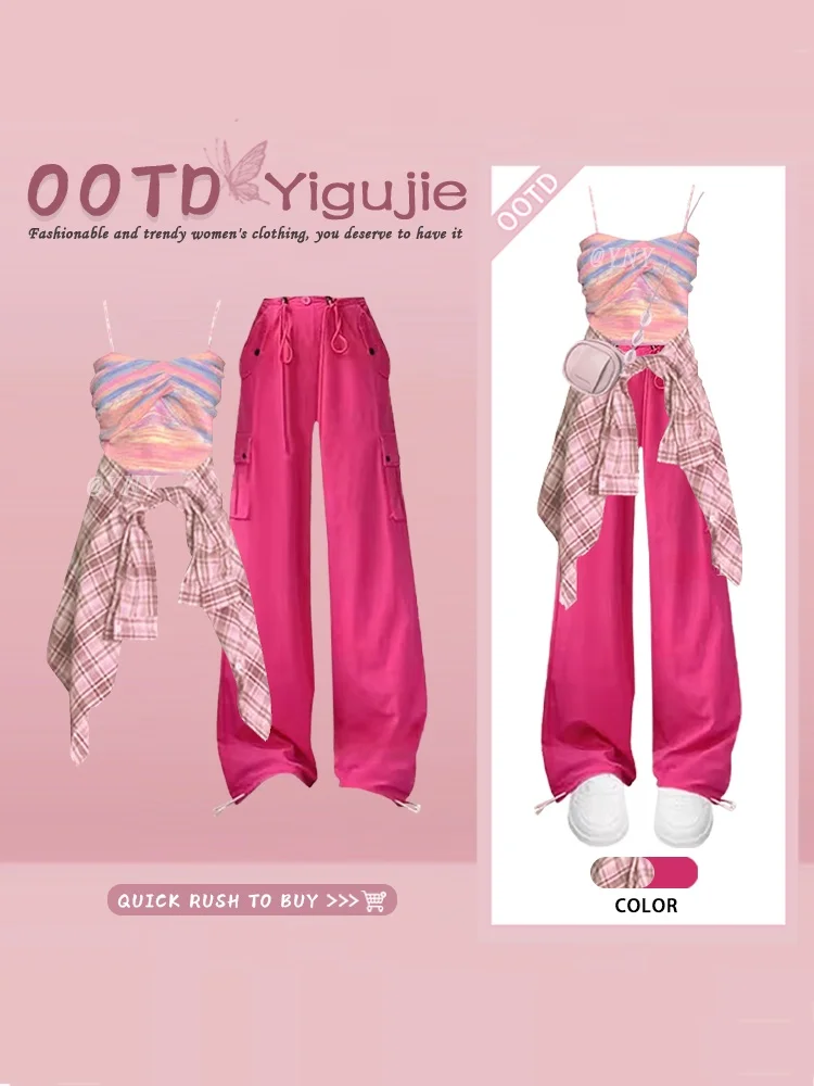 

Sweet Sister Atmosphere Dopa Wind Rainbow Gradient Vest Pink Grid Shirt Magenta Workwear Pants Three-piece Set Short Sleeve