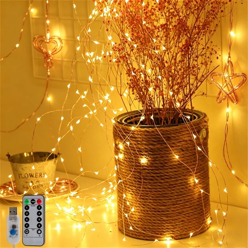 LED Fairy String Lights with Remote Control 8 Modes USB Plug Copper/Silver Wire Lights for Wedding Party Home Room Decoration