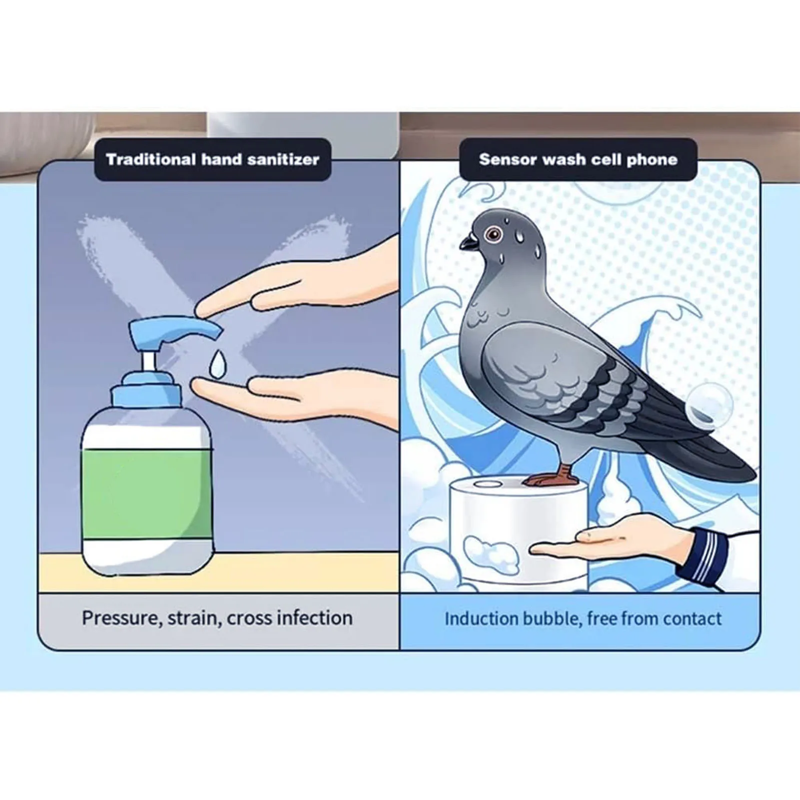 Induction Hand Washer Dispenser Battery Powered Refillable Touchless Blue Bird Shape Foaming Soap Container for Countertop