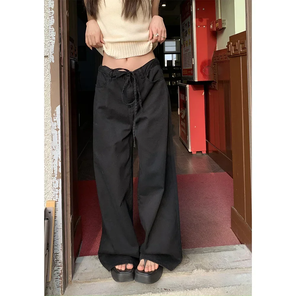 

Drawstring Jeans Women Streetwear Floor Length Loose Fit Mid Waist Denim Wide Leg Pants 2025 Autumn Female Distressed Trousers