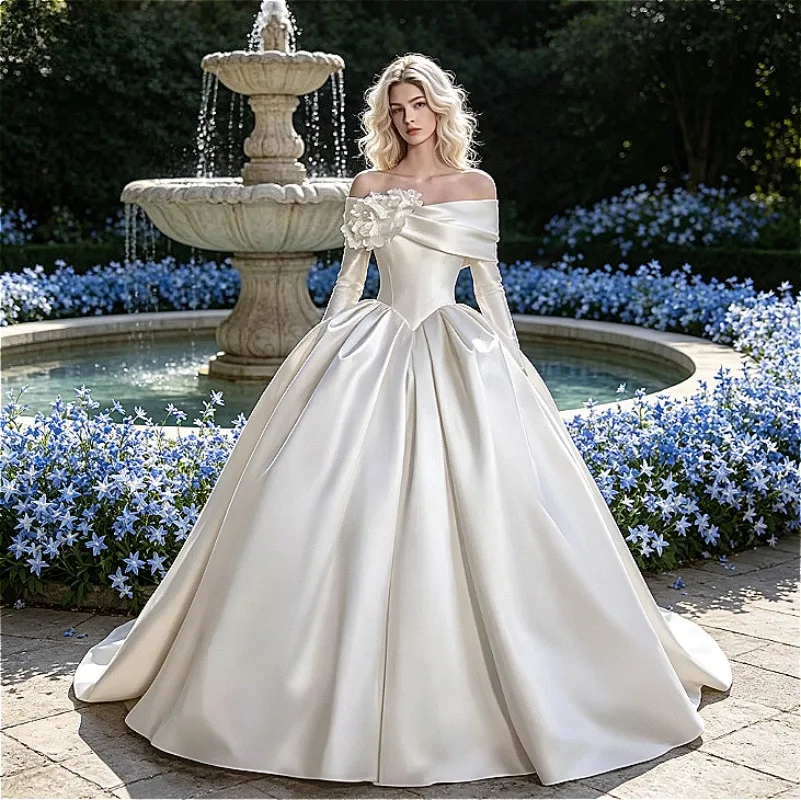 Customized Minimalist Satin Wedding Dresses Charming Off Shoulder 3D Floral Design Corset Bodice Full Skirt Church Bridal Gowns