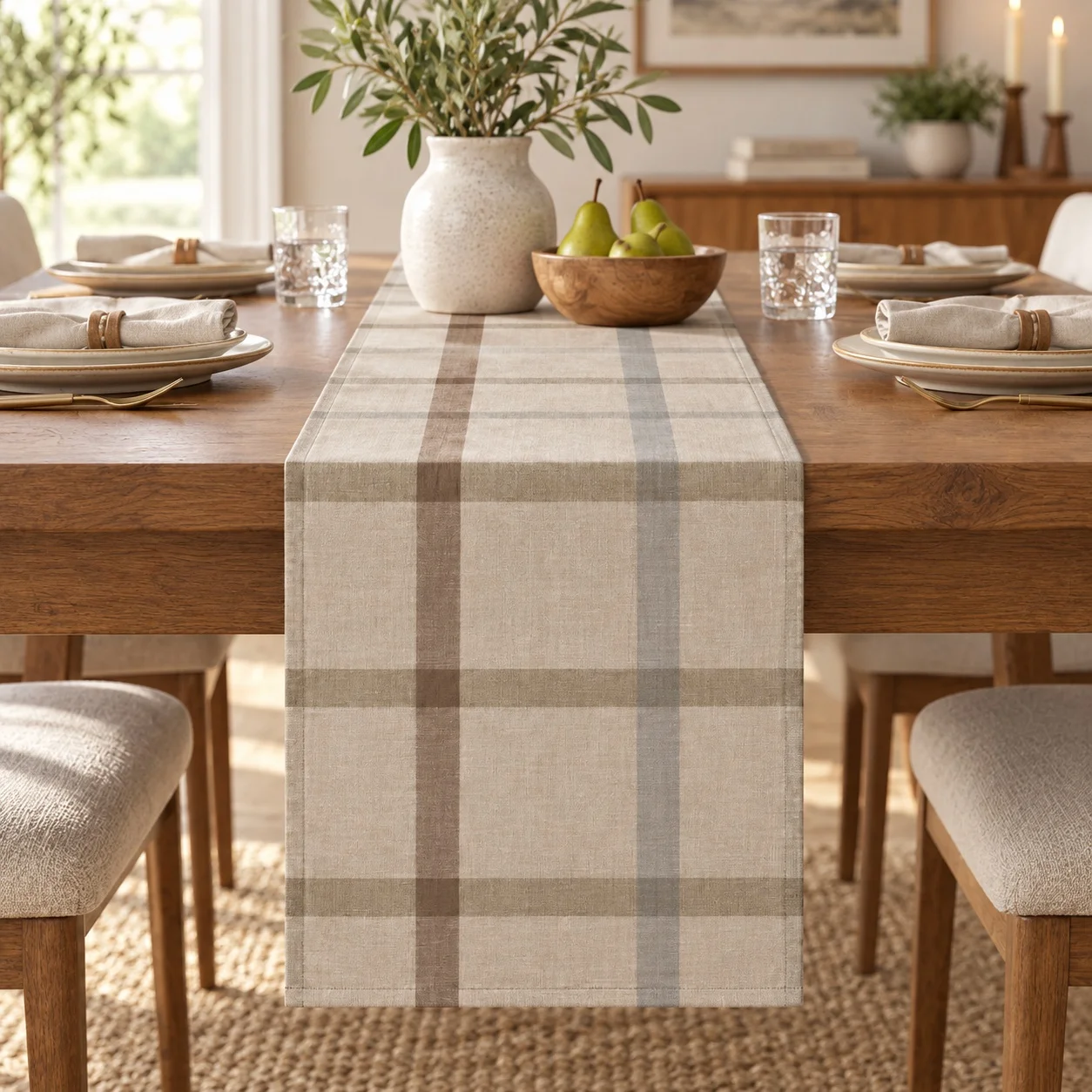 Beige Plaid Table Runner Neutral Check Pattern Linen Style Dining Table Decor Modern Farmhouse Home Kitchen Decoration
