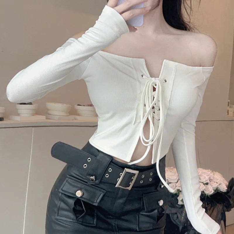 Patchwork Lacing Solid Color Ladies Sexy Tops Summer Slim Slash Neck Long Sleeve Pullovers 2024 New Fashion Women\'s Clothing