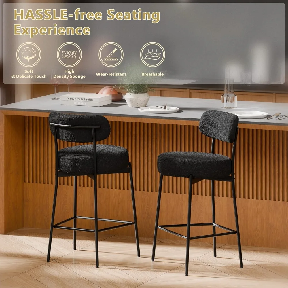 Set di 4 sgabelli da bar moderni da 24 pollici ad altezza bancone con gambe in metallo con schienale curvo, sgabelli da bar imbottiti Boucle