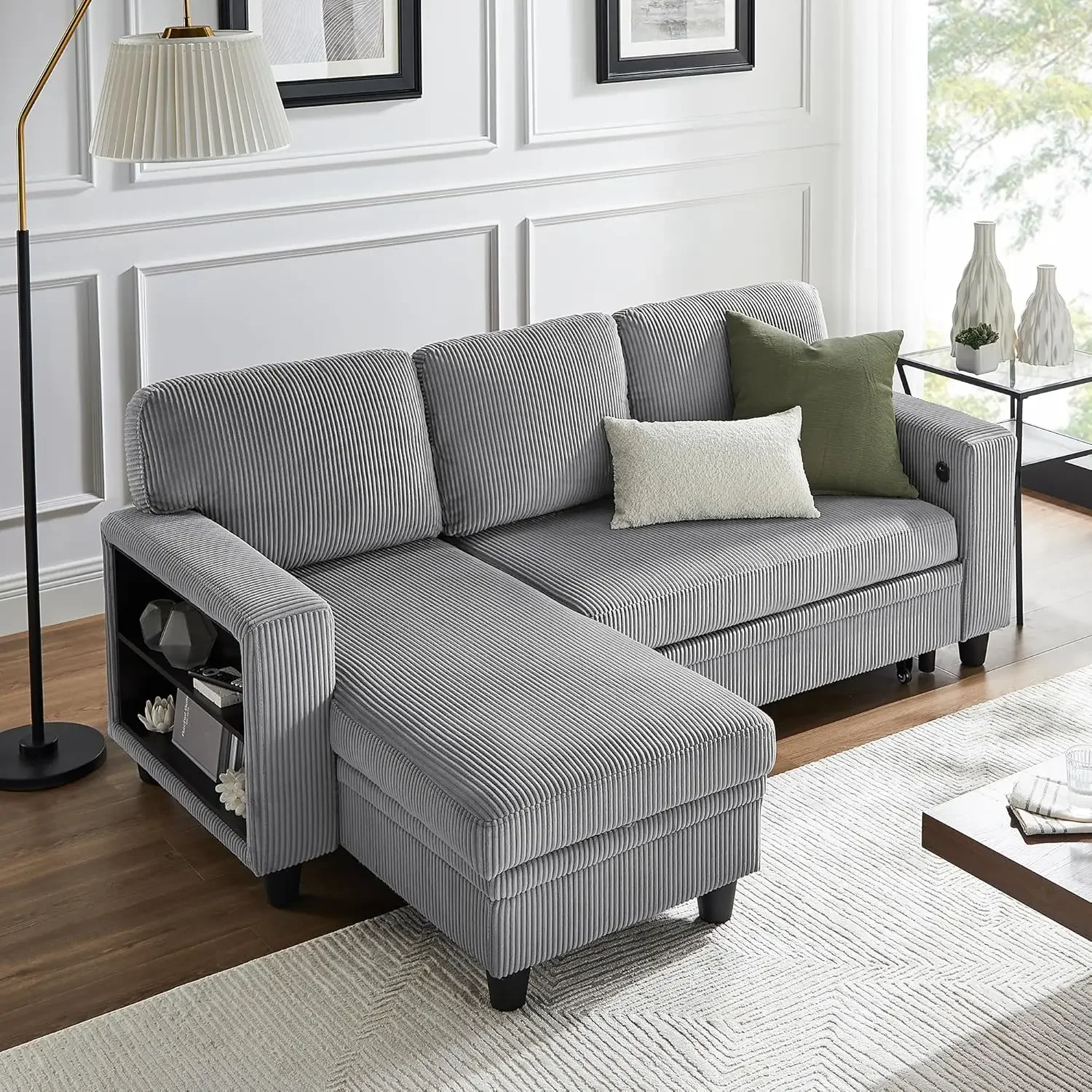 

80” Sleeper Sofa Bed,L-Shaped Convertible Sectional Corduroy Striped Couch Bed, Bookshelves and USB Charging Port - Light Grey