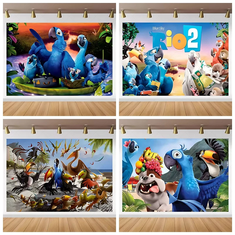

Disney Rio 2 Blue Parrot Backdrop Tropical Birds Birthday Photography Background Jungle Safari Theme Kids Party Photo Booth Prop