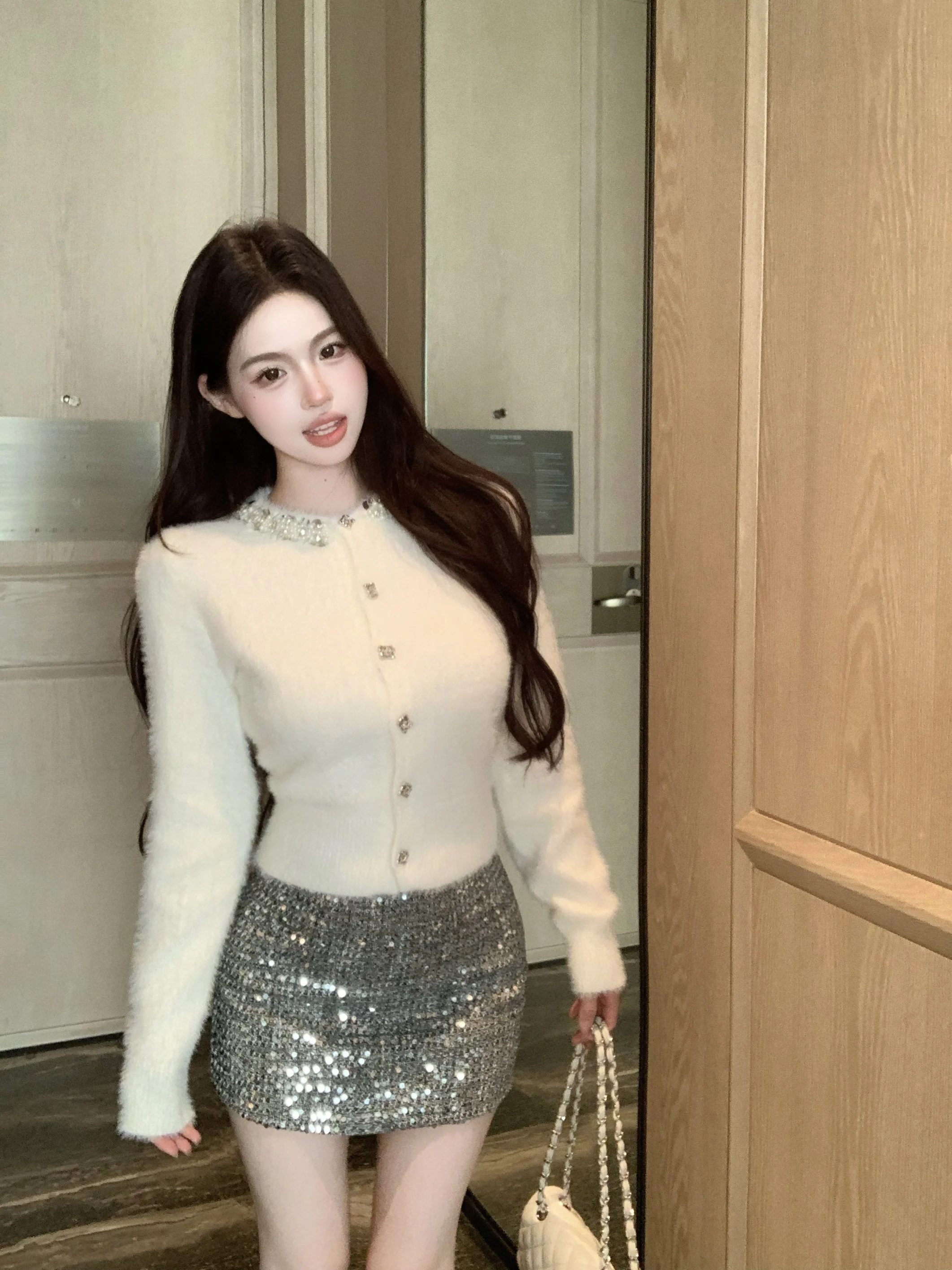 

Stunning White Knitted Sweater Jaet Set for Women Early Spring Faionable Long Sve round Ne Basic Inner Outer Wear