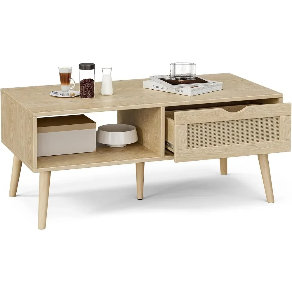 

Coffee Table with Storage, Boho Dining Table with Rattan Drawer and Solid Wood Legs, Small Coffee Tables for Living Room